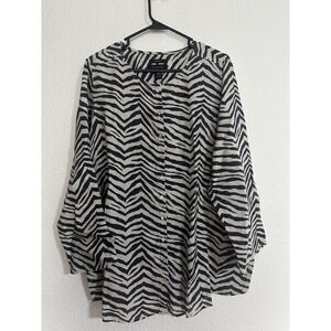 Tahari 100% Linen Tunic Top Zebra Stripe Size 2X Animal Print Button Up Toll Tab